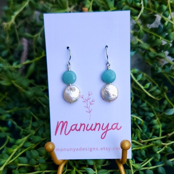 Coin Pearl Cuties - Semi-Precious Amazonite & Coin Pearl Earrings - Picture 5 of 6